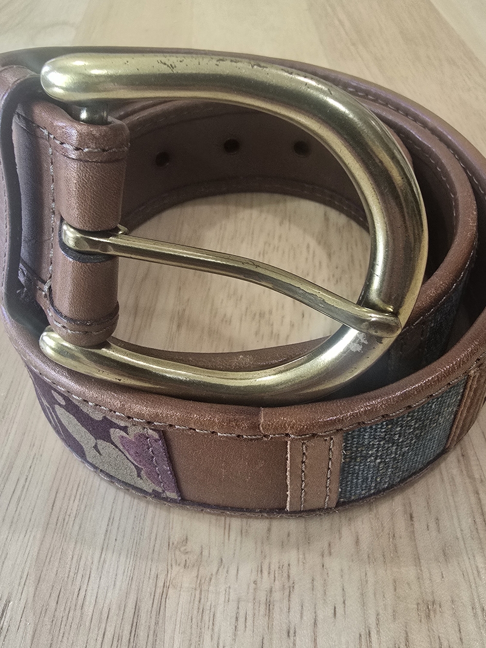Fossil Brown Leather Patchwork Belt with Brass Buckle